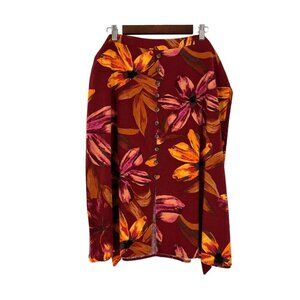 NYCC Floral Button-Front Skirt XL Red Orange‎ Purple Linen Blend Tropical Maxi